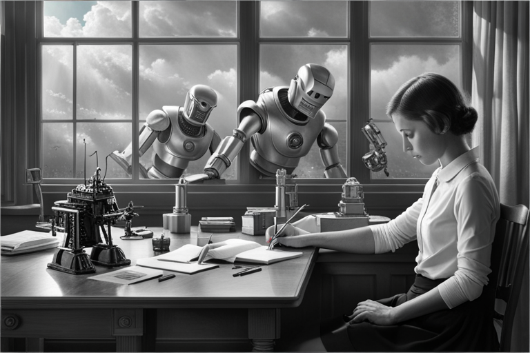 Black and white image of a girl writing at a desk while 1930s robots looms towards her through the window